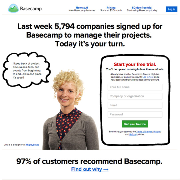 Basecamp testimonial on the homepage