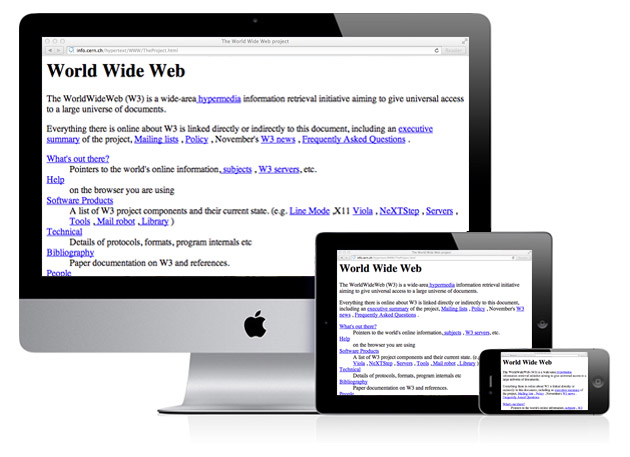 The worlds first webpage shown on an iMac, iPad and iPhone