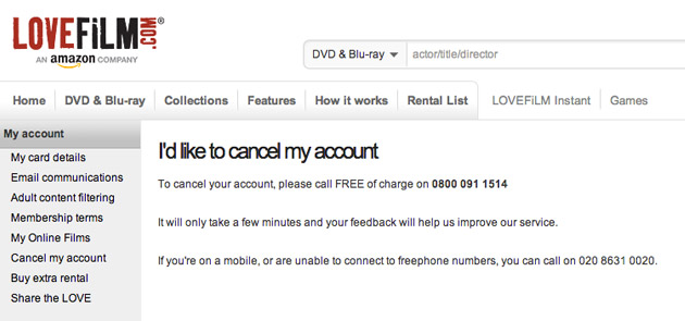 Lovefilm account cancelation page