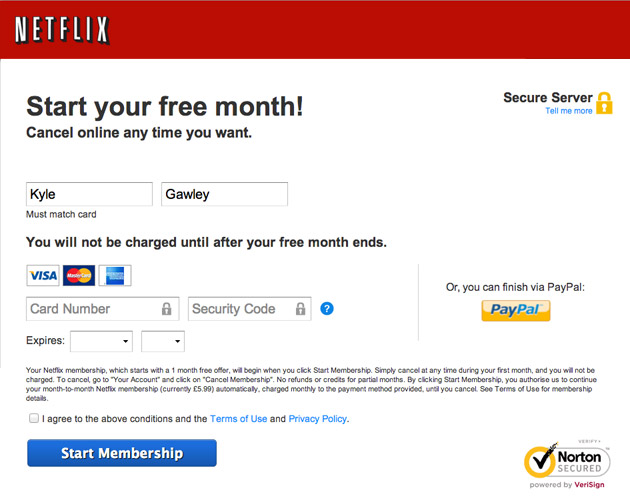 Netflix trial signup page