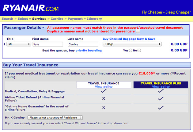 Ryanair automatic travel insurance