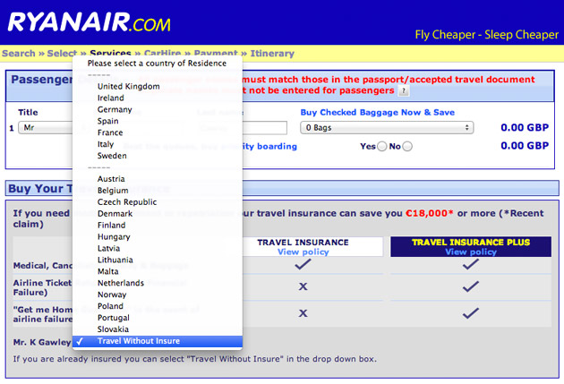 Ryanair hidden remove travel insurance option