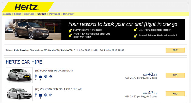 Hertz car hire on Ryan air website